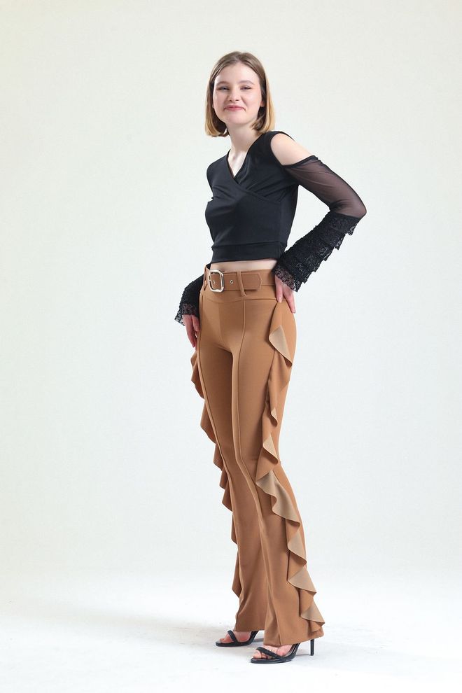 SENSE Belted Side Flounce Scuba Crepe Trousers Tobacco Wholesale Clothing Polyester
