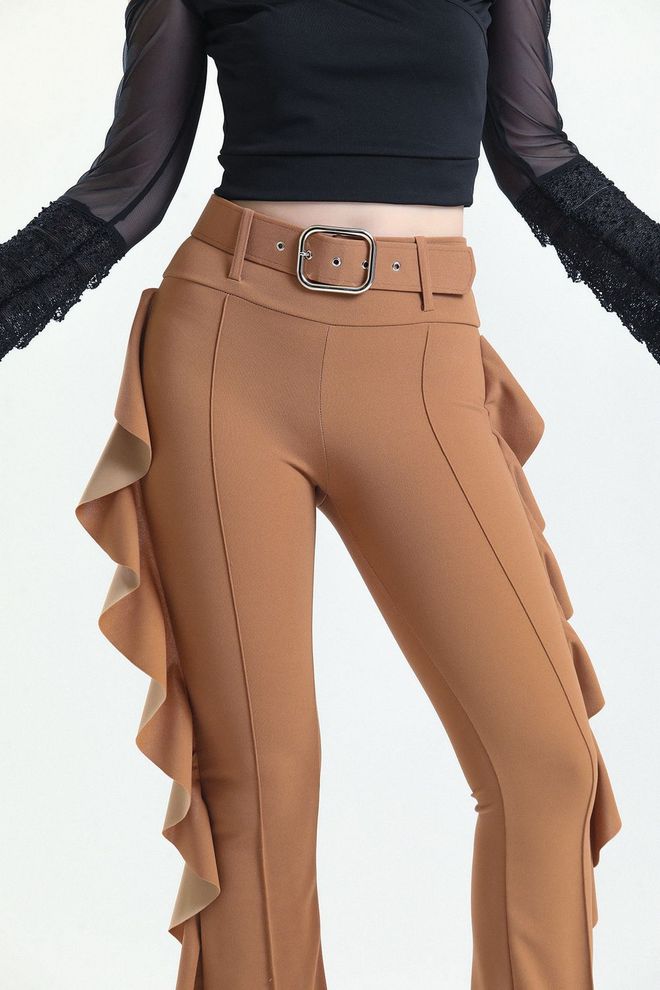 SENSE Belted Side Flounce Scuba Crepe Trousers Tobacco Wholesale Clothing Spring