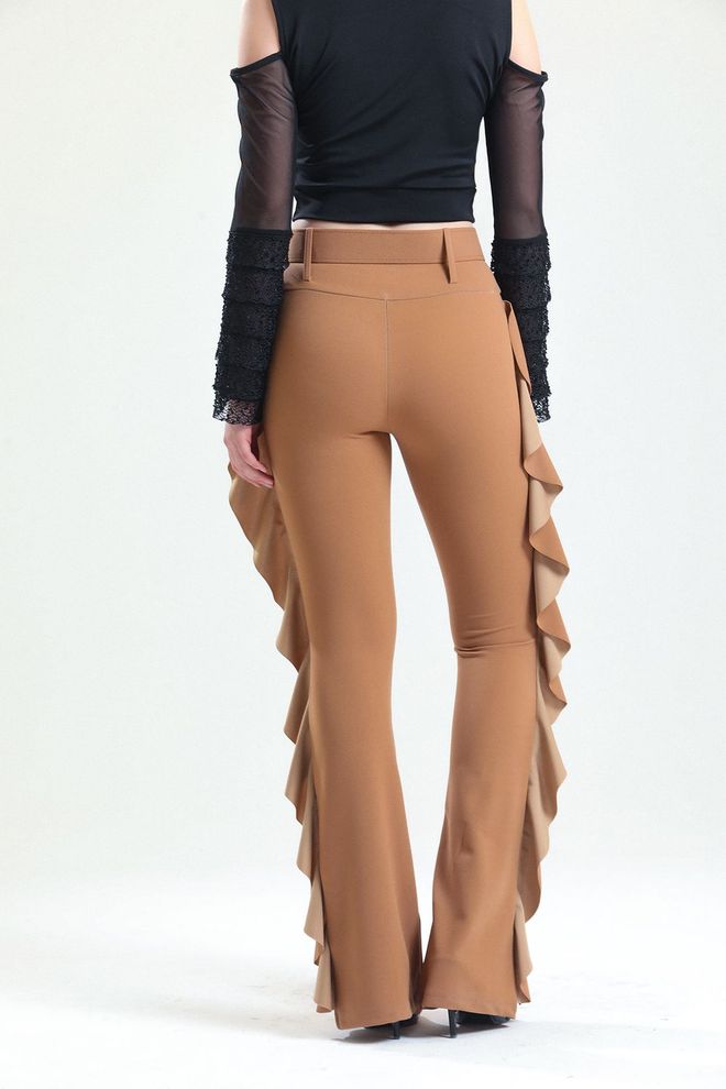 SENSE Belted Side Flounce Scuba Crepe Trousers Tobacco Wholesale Clothing Elegant