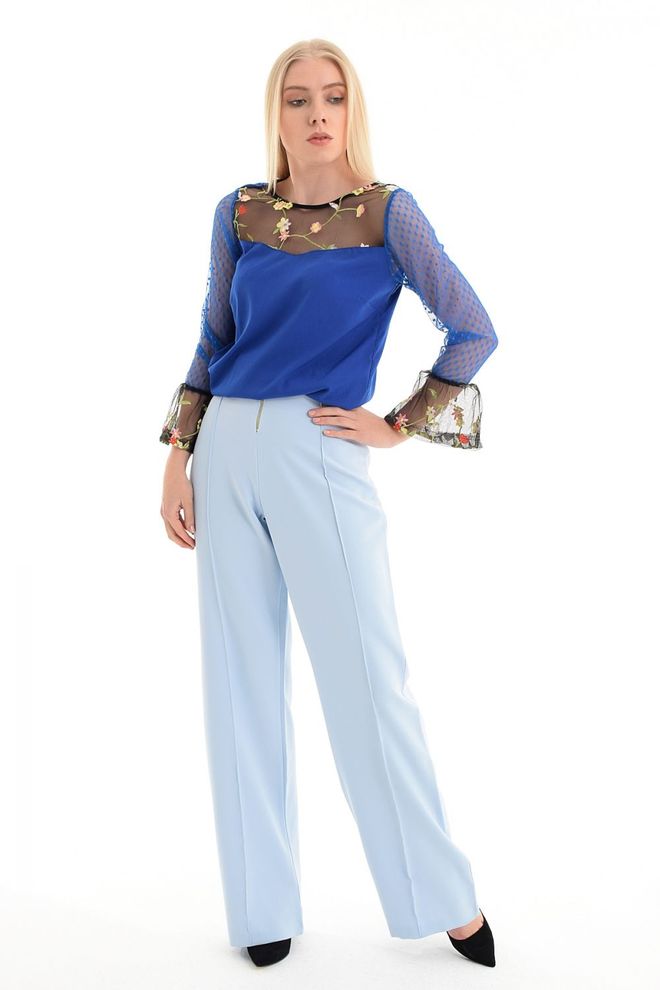 SENSE Trousers With Front Zipper And Snap Stitching Ice Blue Wholesale Clothing Fall