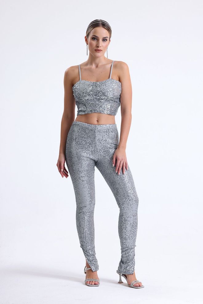 SENSE Skinny Leg Lined Evening Dress Sequin Trousers Silver Wholesale Clothing Birthday