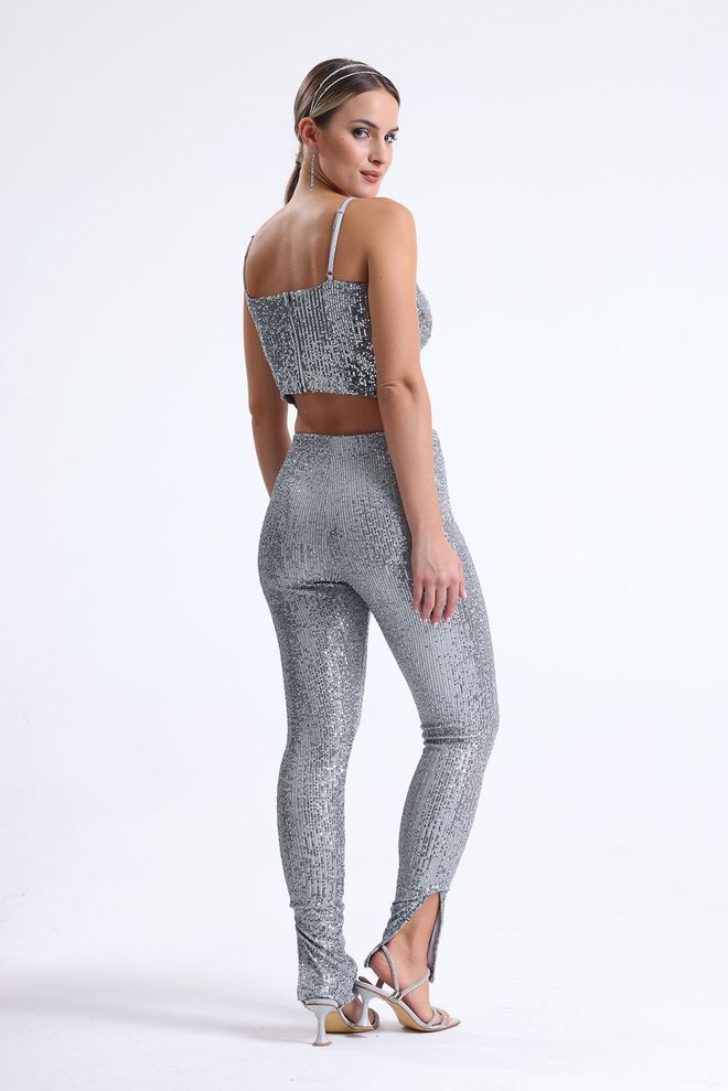 SENSE Skinny Leg Lined Evening Dress Sequin Trousers Silver Wholesale Clothing Elegant