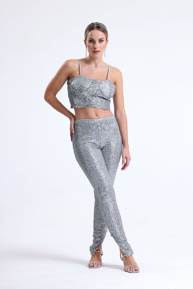 SENSE Skinny Leg Lined Evening Dress Sequin Trousers Silver Wholesale Clothing Glam