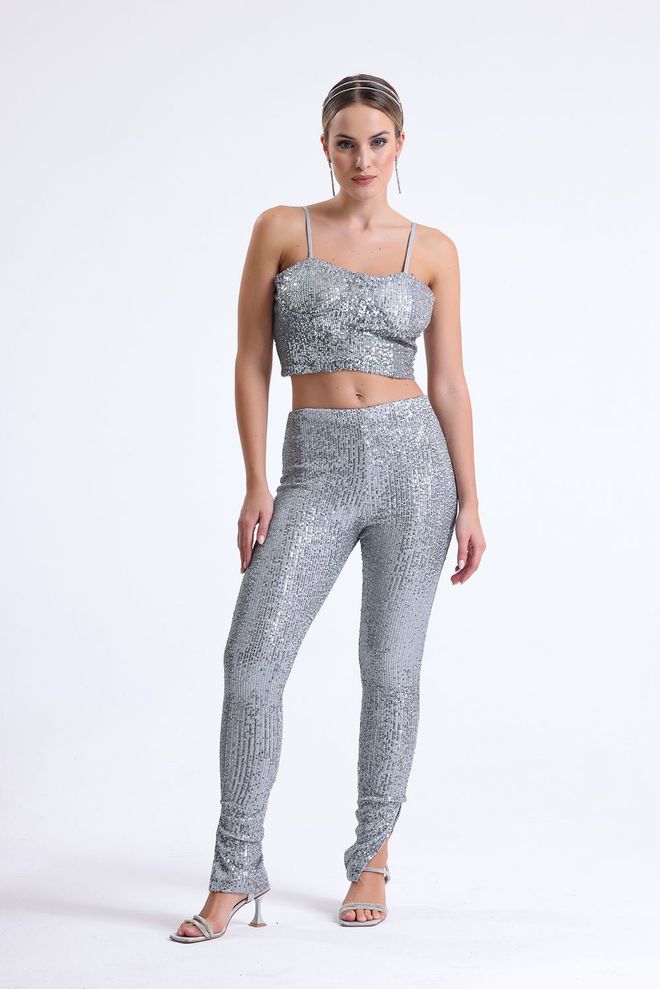 SENSE Skinny Leg Lined Evening Dress Sequin Trousers Silver Wholesale Clothing Polyester