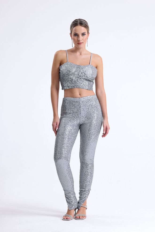 SENSE Skinny Leg Lined Evening Dress Sequin Trousers Silver Wholesale Clothing Spring
