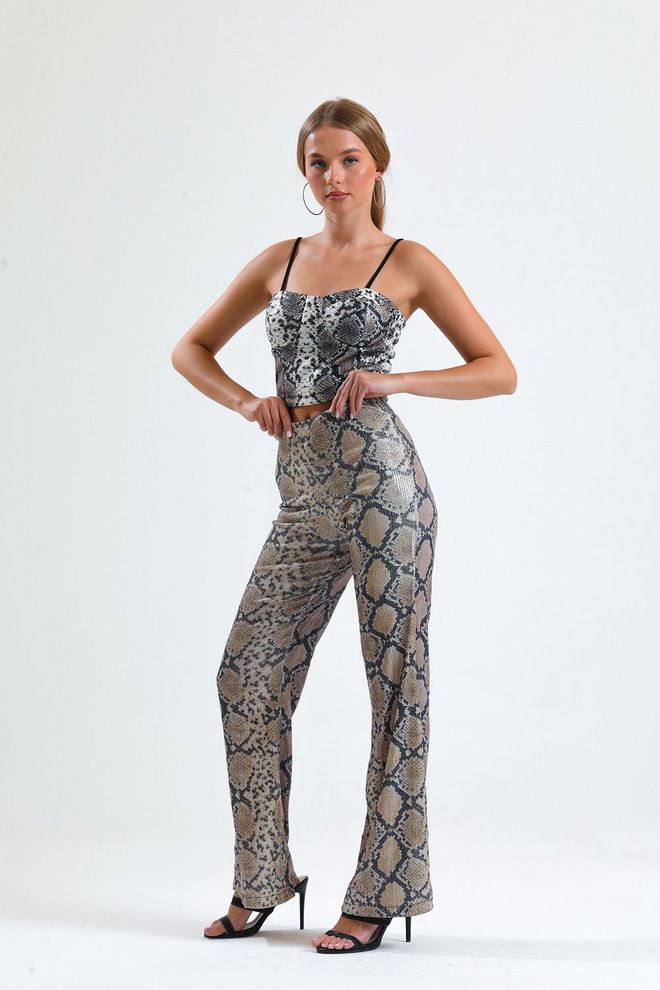 SENSE Snake Patterned Wide Leg Sequin Trousers Beige & Black Wholesale Clothing Formal