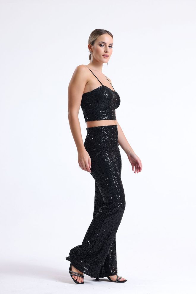 SENSE Calça De Vestido De Noite Com Lantejoulas E Cintura Elástica Preta Roupas por atacado Aniversário