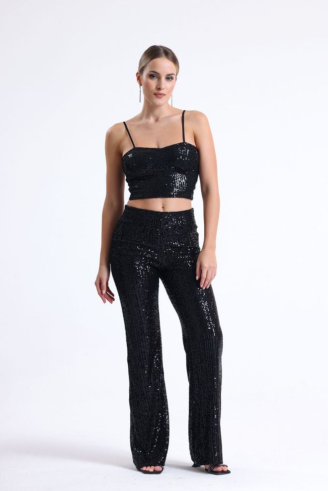 SENSE Calça De Vestido De Noite Com Lantejoulas E Cintura Elástica Preta Roupas por atacado Poliéster