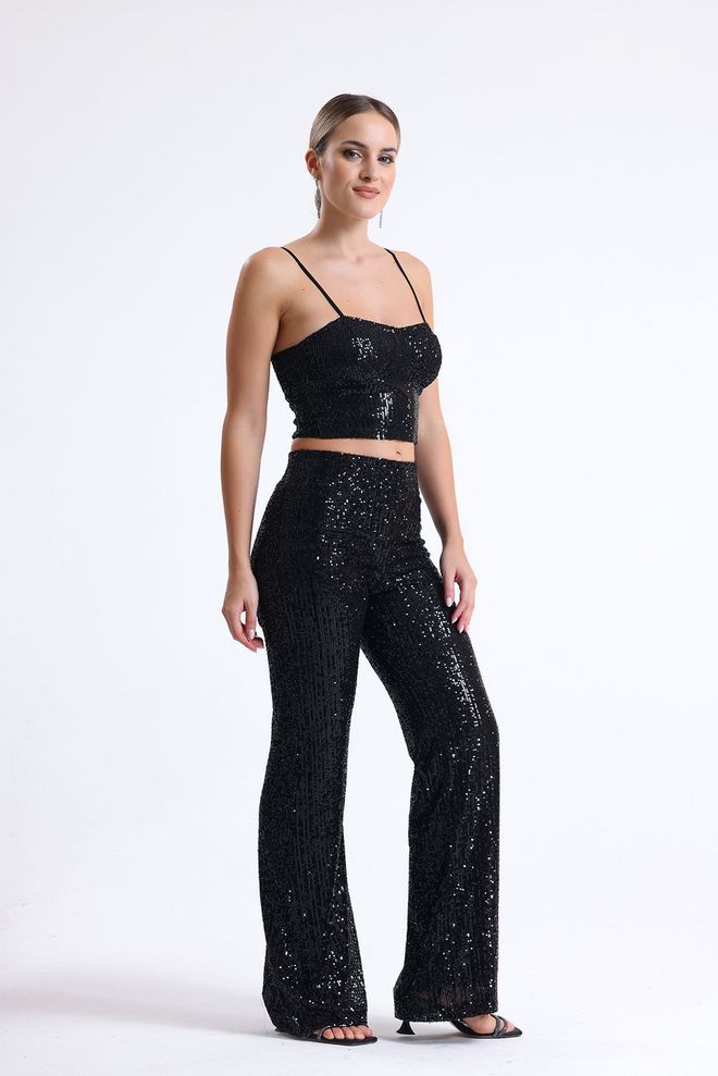 SENSE Calça De Vestido De Noite Com Lantejoulas E Cintura Elástica Preta Roupas por atacado Primavera