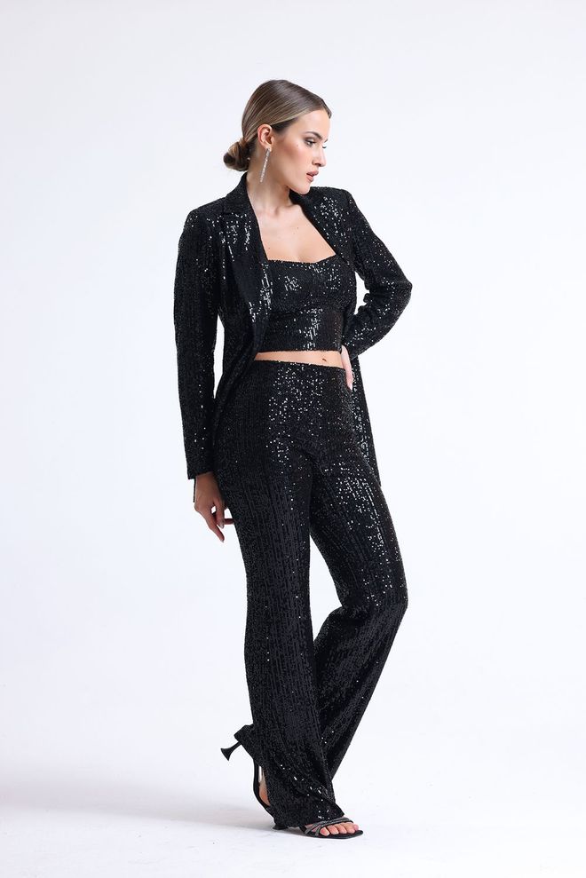 SENSE Calça De Vestido De Noite Com Lantejoulas E Cintura Elástica Preta Roupas por atacado Glamoroso