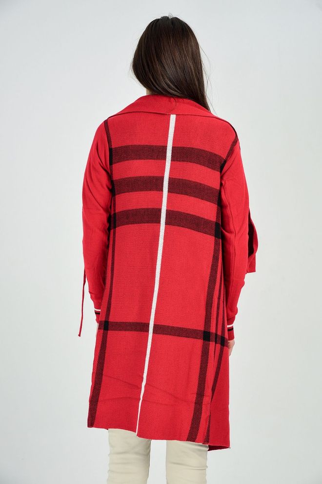 SENSE Ribbed Sleeve Plaid Cardigan Red & Black Wholesale Clothing Lounge