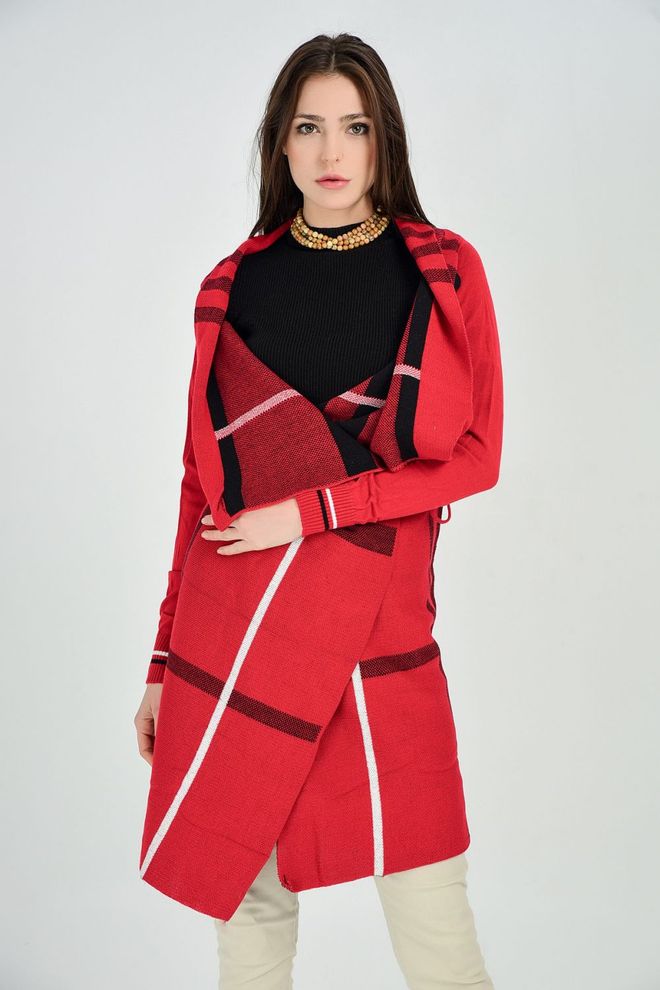 SENSE Ribbed Sleeve Plaid Cardigan Red & Black Wholesale Clothing Polyester