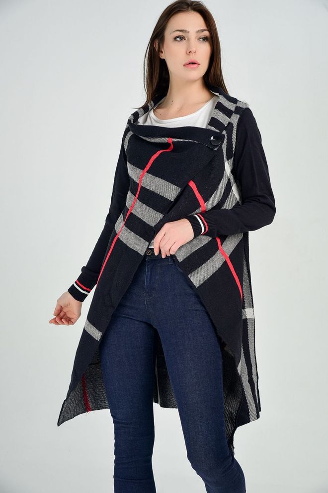 SENSE Ribbed Sleeve Plaid Cardigan Navy Blue & Ecru Wholesale Clothing Casual