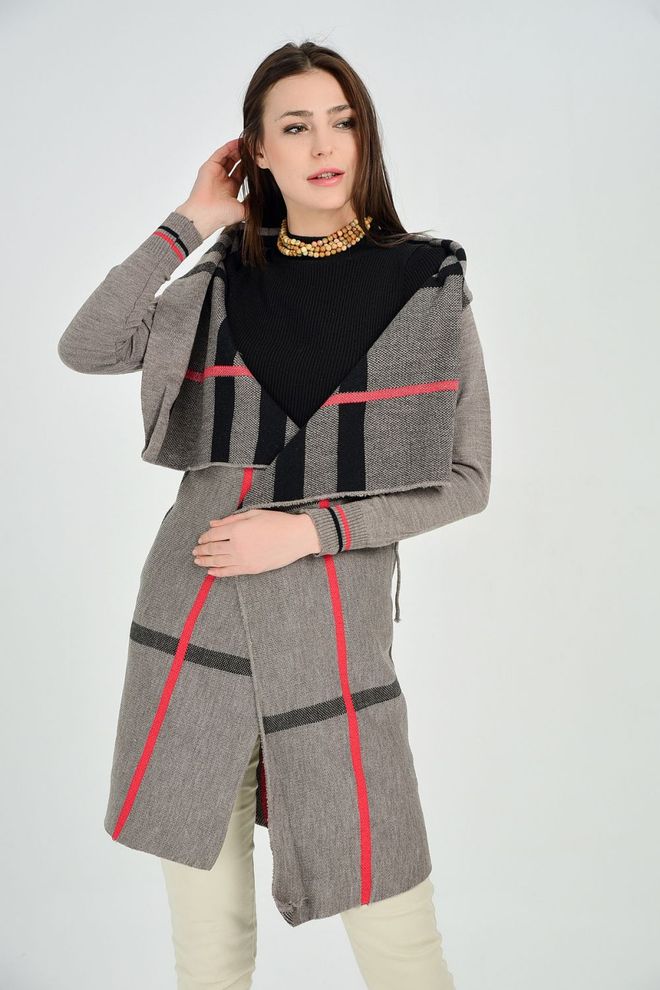SENSE Cardigan À Carreaux À Manches Côtelées Vison Et Noir Vêtements en gros Décontracté