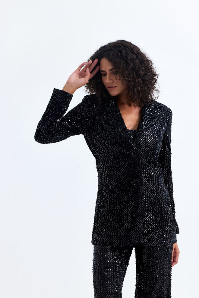 SENSE Giacca Da Sera Con Paillettes Foderata Nera Abbigliamento all'ingrosso Glamour