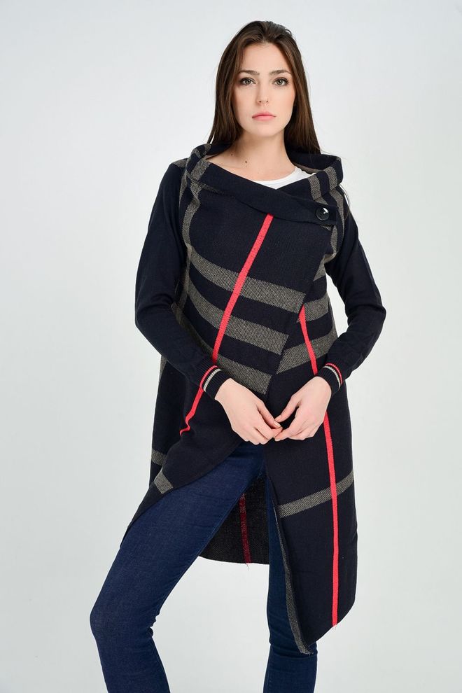 SENSE Cardigan À Carreaux À Manches Côtelées Bleu Marine Et Vison Vêtements en gros Modeste