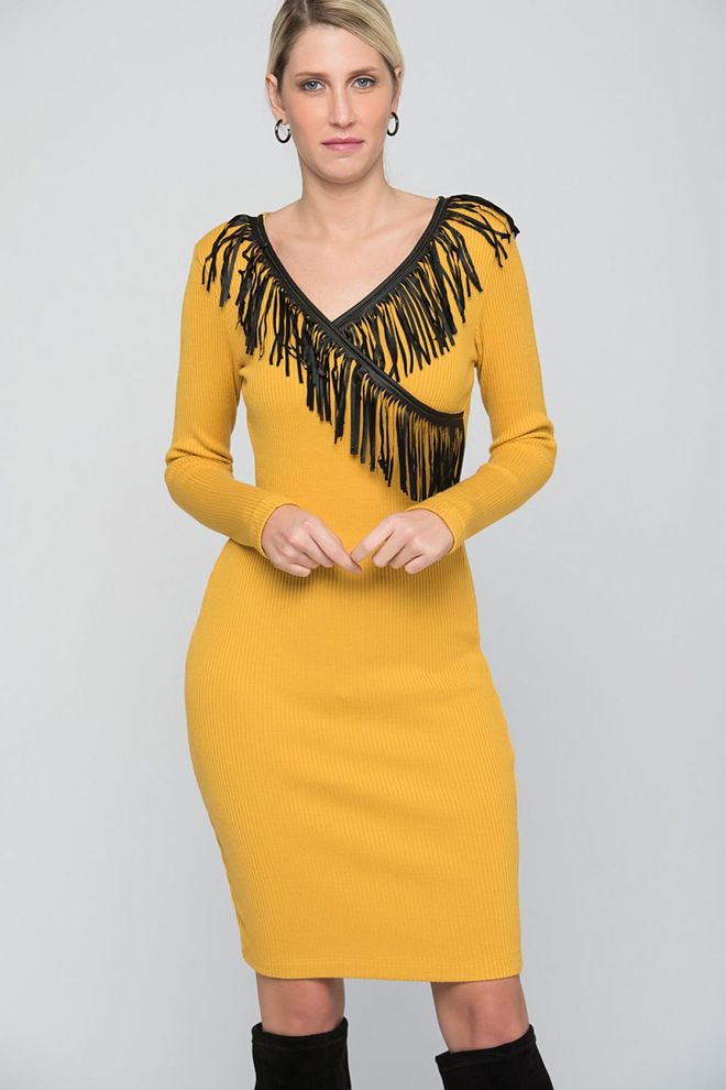 SENSE Lederquastenkleid Gelb Großhandelskleidung Formal
