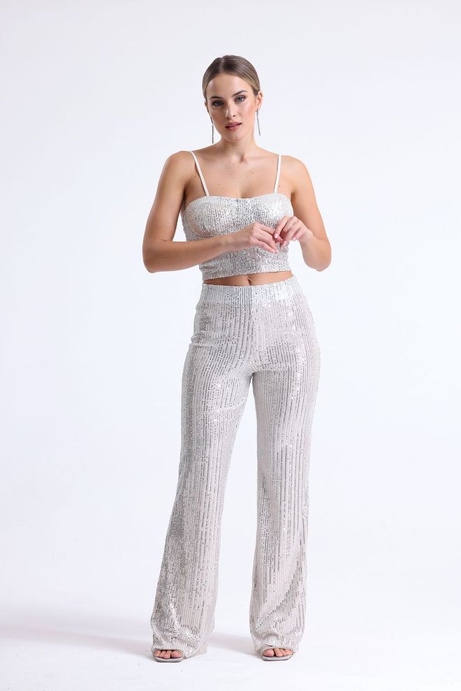SENSE Calça De Noite Com Lantejoulas E Cintura Elástica Bege Roupas por atacado Aniversário
