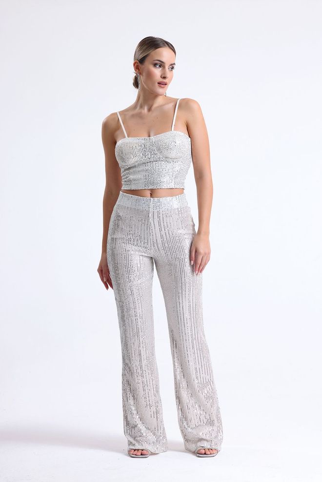 SENSE Calça De Noite Com Lantejoulas E Cintura Elástica Bege Roupas por atacado Primavera