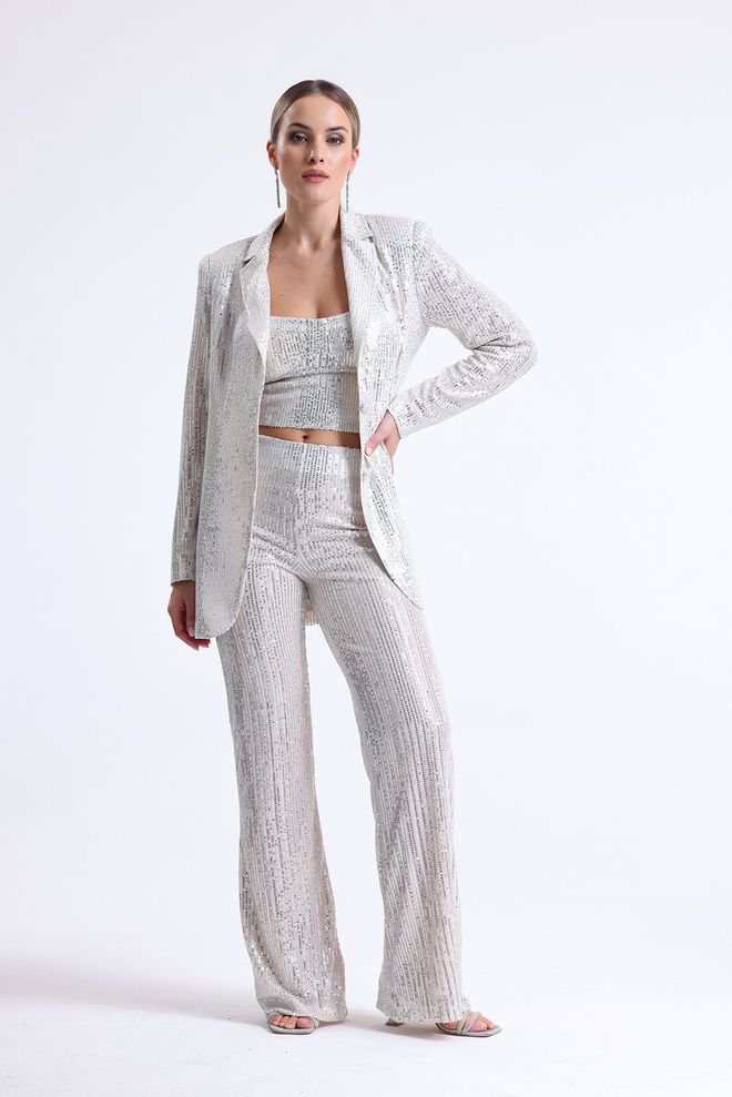SENSE Calça De Noite Com Lantejoulas E Cintura Elástica Bege Roupas por atacado Glamoroso