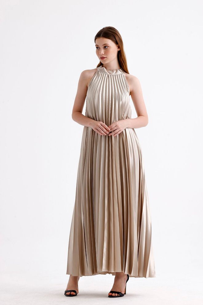 SENSE „Sense“ Smėlio Spalvos Satino Suknelė Be Rankovių Su Klostuotu Kaklu Su Skaitmeniniu Raštu Didmeninė prekyba drabužiais Pankiškas