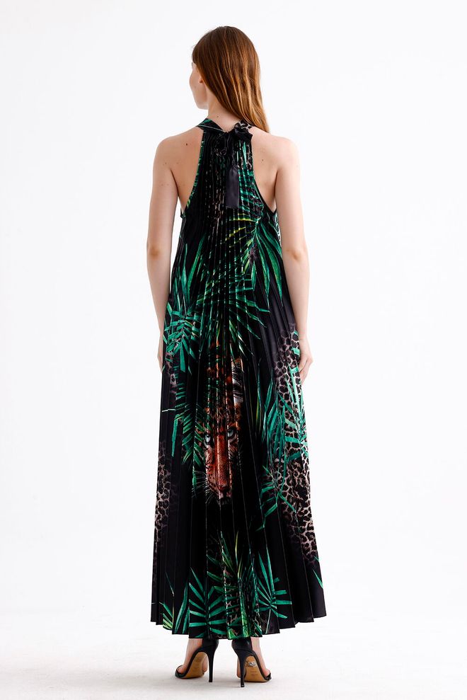 SENSE Sense Black Tiger Pattern Halter Kaklo Klostuota Skaitmenine Spausdinta Atlasinė Suknelė Be Rankovių Didmeninė prekyba drabužiais Išleistuvės