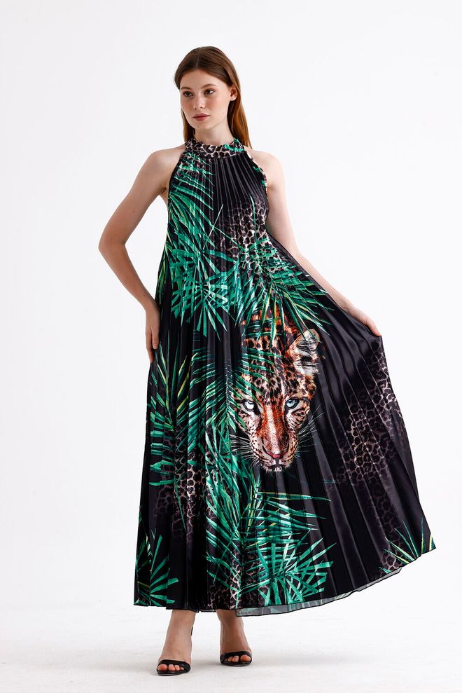 SENSE Sense Black Tiger Pattern Halter Kaklo Klostuota Skaitmenine Spausdinta Atlasinė Suknelė Be Rankovių Didmeninė prekyba drabužiais Kokteilinė