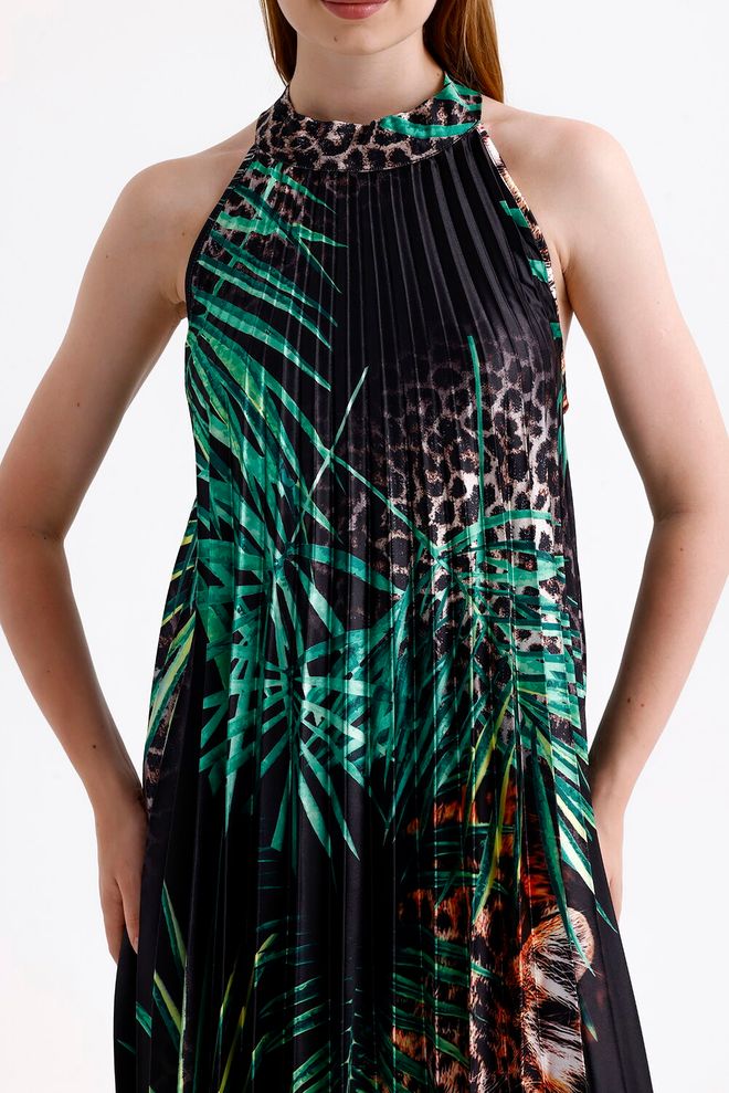 SENSE Sense Black Tiger Pattern Halter Kaklo Klostuota Skaitmenine Spausdinta Atlasinė Suknelė Be Rankovių Didmeninė prekyba drabužiais Vasara