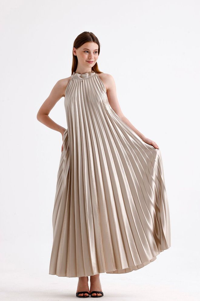 SENSE „Sense“ Smėlio Spalvos Satino Suknelė Be Rankovių Su Klostuotu Kaklu Su Skaitmeniniu Raštu Didmeninė prekyba drabužiais Sujuosiamas švarkas