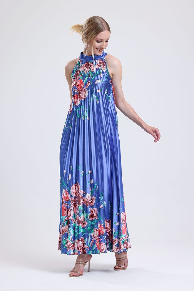 SENSE Rainbow Halter Neck Printed Satin Suknelė – Mėlyna Didmeninė prekyba drabužiais Sujuosiamas švarkas