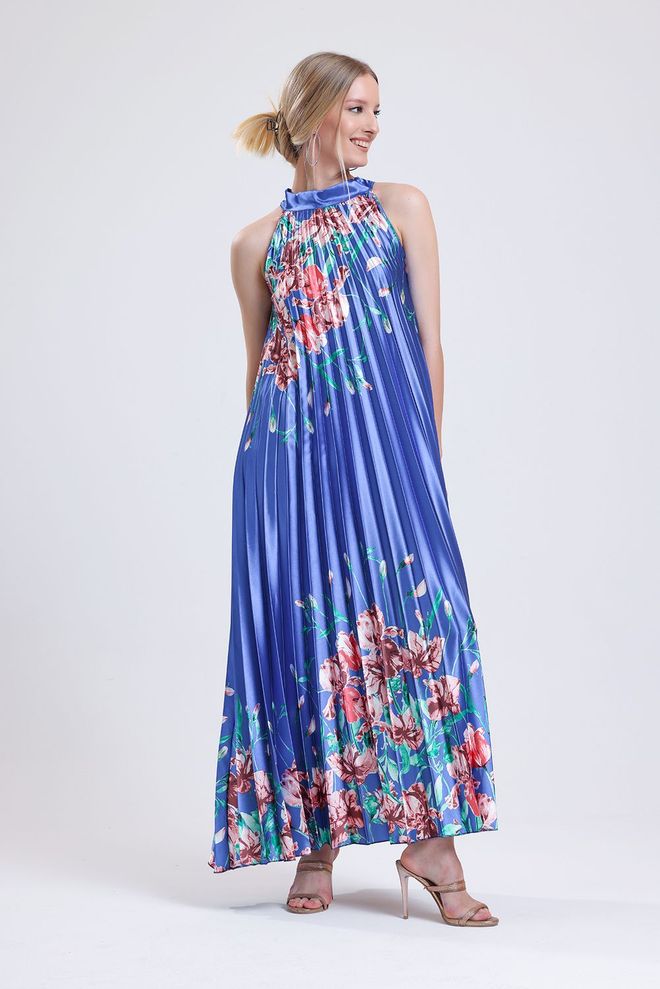 SENSE Rainbow Halter Neck Printed Satin Suknelė – Mėlyna Didmeninė prekyba drabužiais Pankiškas