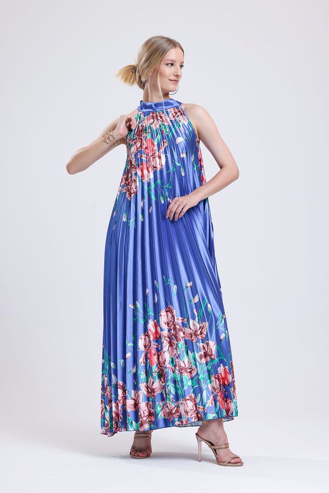 SENSE Robe En Satin Imprimée À Col Halter Arc en Ciel Bleu Vêtements en gros Élégant