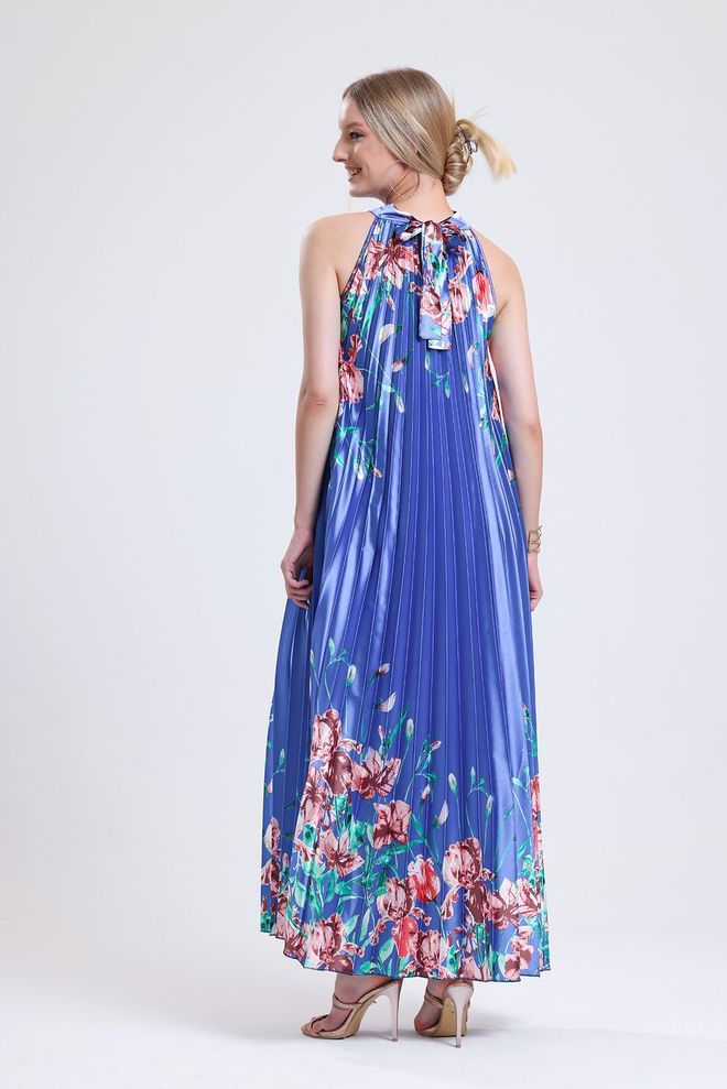 SENSE Rainbow Halter Neck Printed Satin Suknelė – Mėlyna Didmeninė prekyba drabužiais Išleistuvės