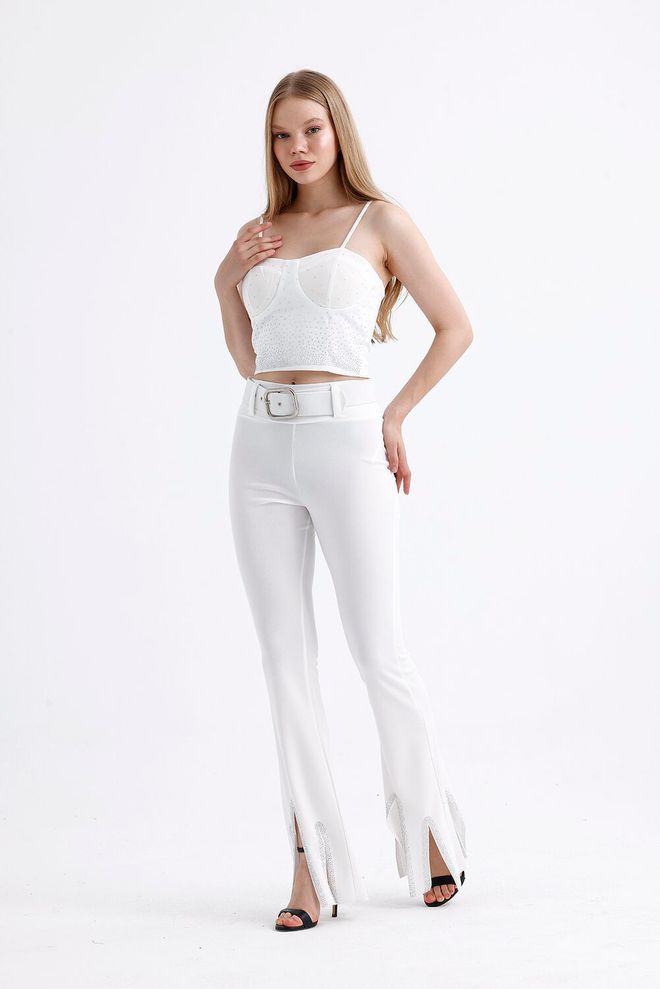 SENSE Belted Stone Detailed Evening Dress Trousers White Wholesale Clothing Birthday