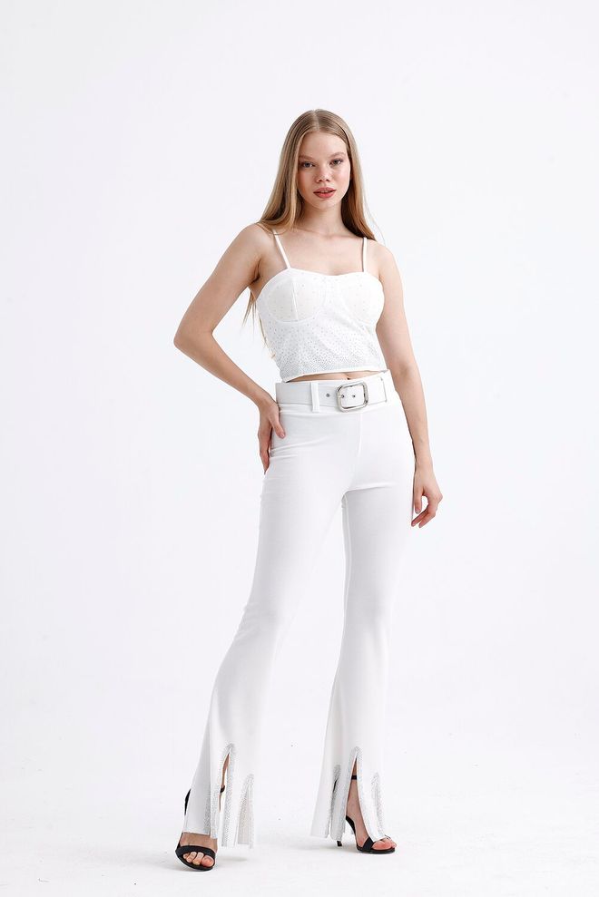 SENSE Belted Stone Detailed Evening Dress Trousers White Wholesale Clothing No Fabric