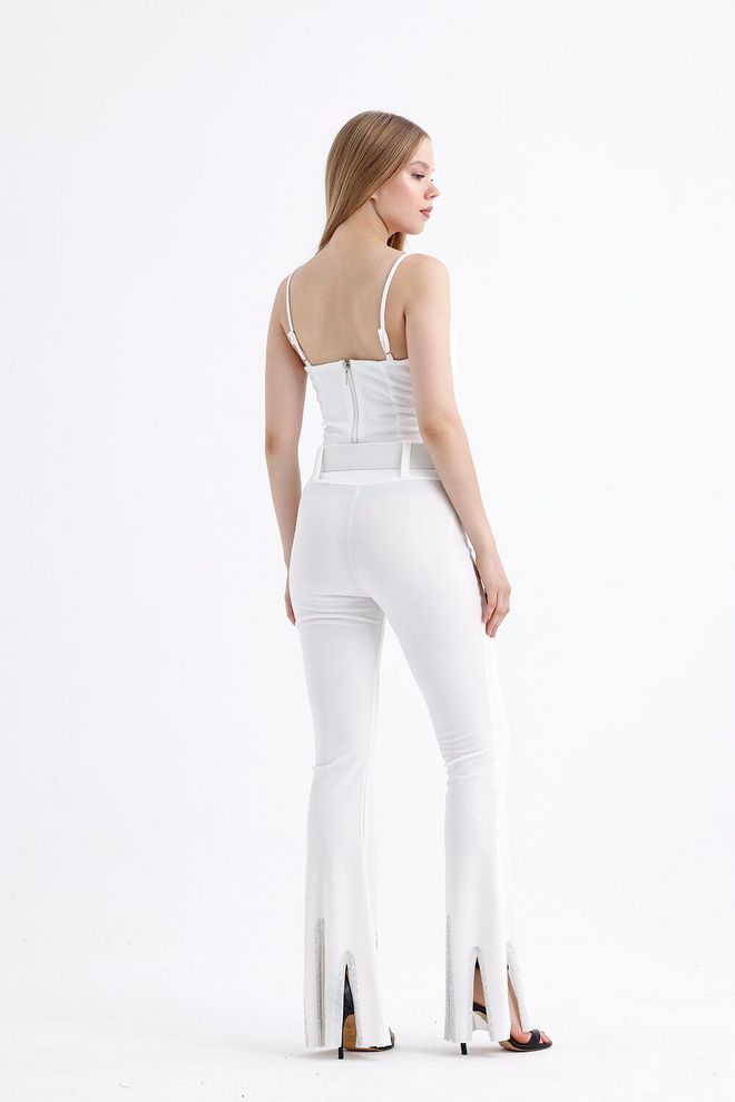 SENSE Belted Stone Detailed Evening Dress Trousers White Wholesale Clothing 4