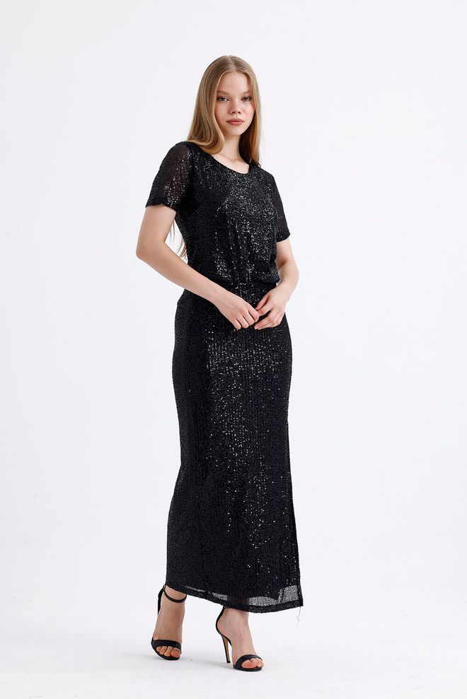 SENSE Elastic Waist Lined Sequined Evening Skirt Black Wholesale Clothing No Fabric