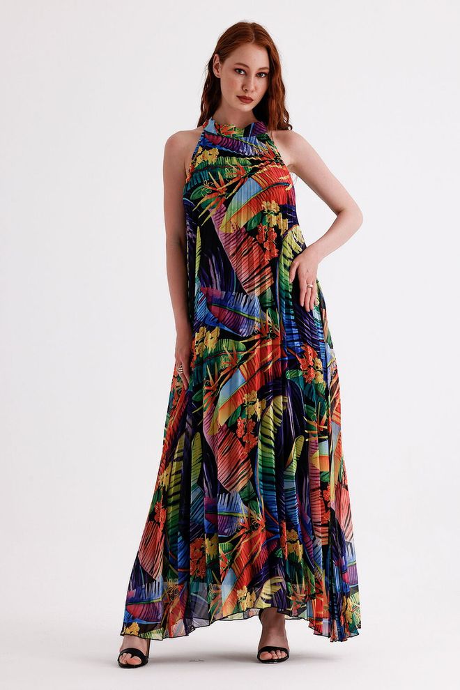 SENSE Vestido De Noche Largo Plisado Forrado Con Estampado Mixto Vestido De Gasa Estampado Negro Y Naranja Ropa al por mayor Casual