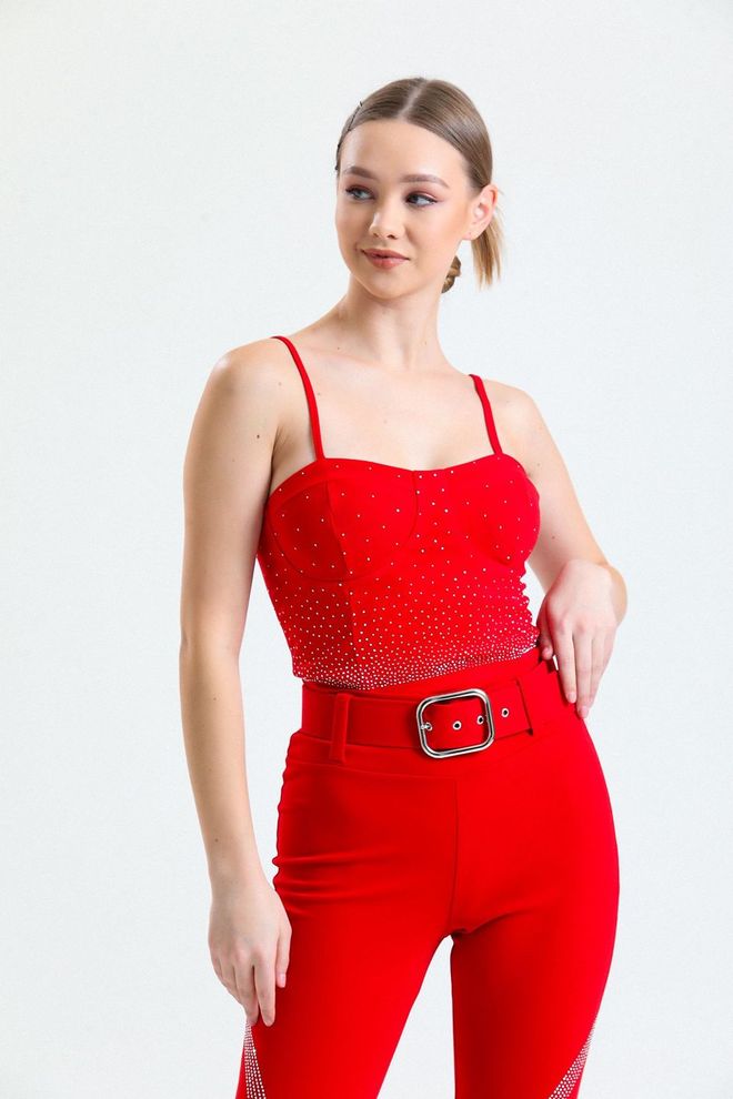 SENSE Stone Detailed Scuba Crepe Evening Bustier Red Wholesale Clothing Casual
