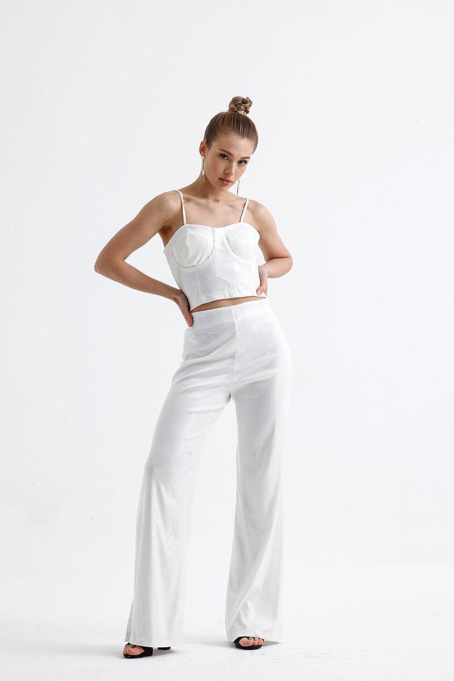 SENSE Paillettenhose Mit Weitem Bein – Weiß Großhandelskleidung Formal