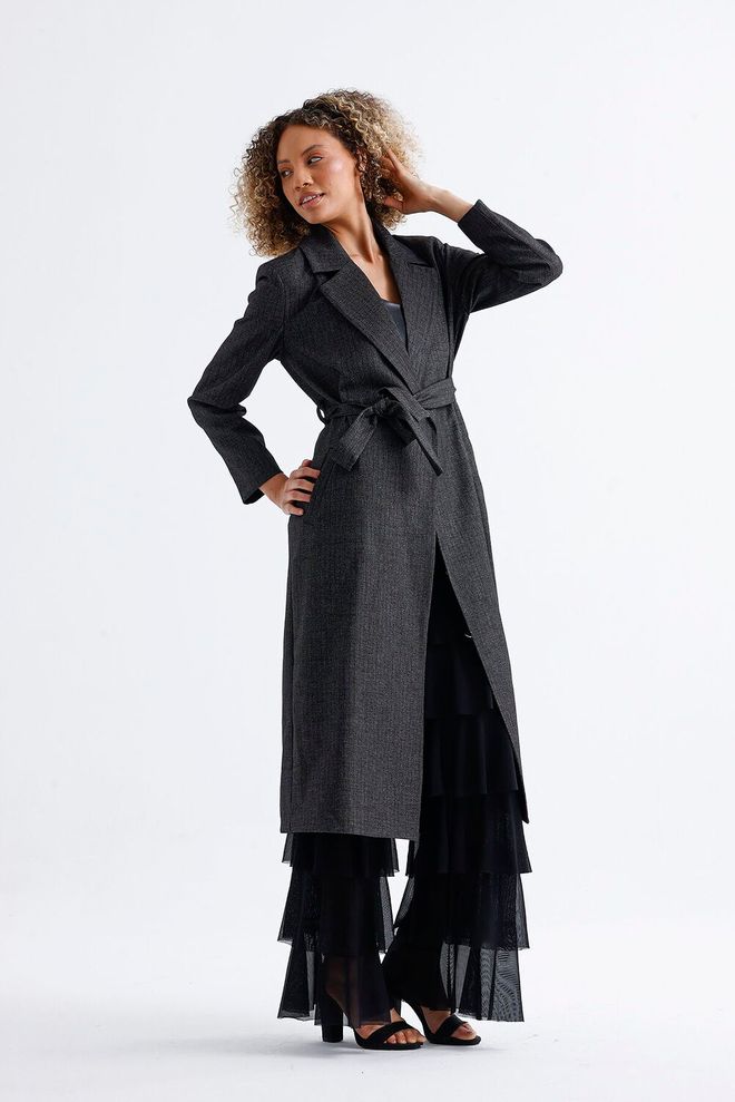 SENSE Lined Long Patterned Trench Coat Anthracite Wholesale Clothing Polyester