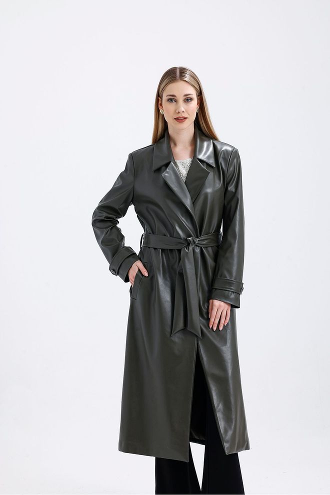 SENSE Trench coat En Similicuir Sense Avec Ceinture Doublée Kaki Et Épaulette Vêtements en gros Décontracté