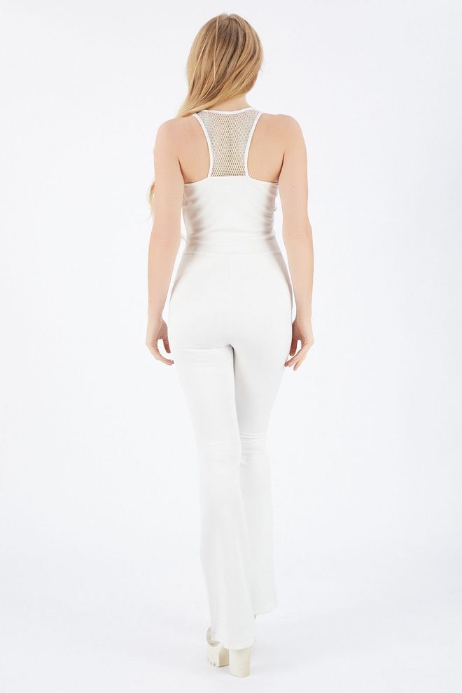 SENSE Front Zipper Jumpsuit With Mesh Garment Front And Back Ecru Wholesale Clothing 4