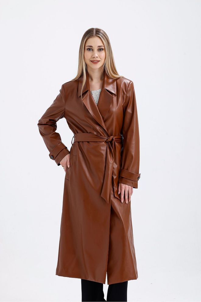 SENSE Trenchcoat Van Imitatieleer Met Gevoerde Tailleriem Bruin Groothandel Kleding Casual