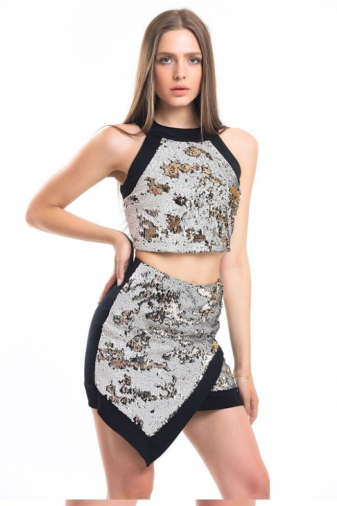 SENSE Elastic Waist Front Sequin Back Plunge Envelope Skirt Silver Wholesale Clothing Party