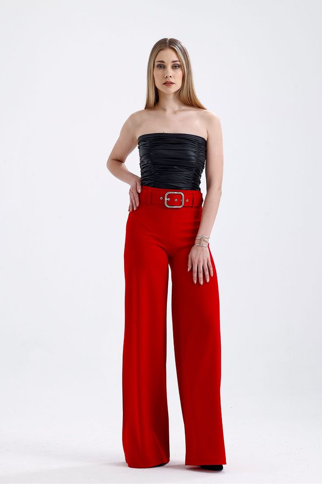 SENSE Yanları Kumaş Kaplama Kemerli İspanyol Paça Scuba Krep Pantolon Koyu Kırmızı Toptan Giyim Gündelik