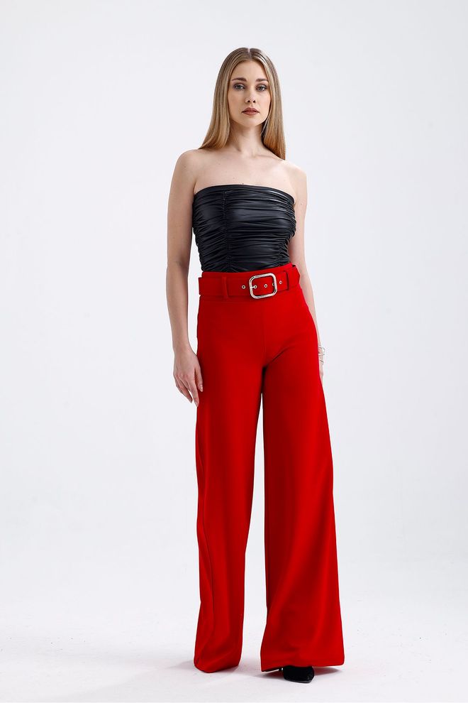 SENSE Yanları Kumaş Kaplama Kemerli İspanyol Paça Scuba Krep Pantolon Koyu Kırmızı Toptan Giyim Polyester