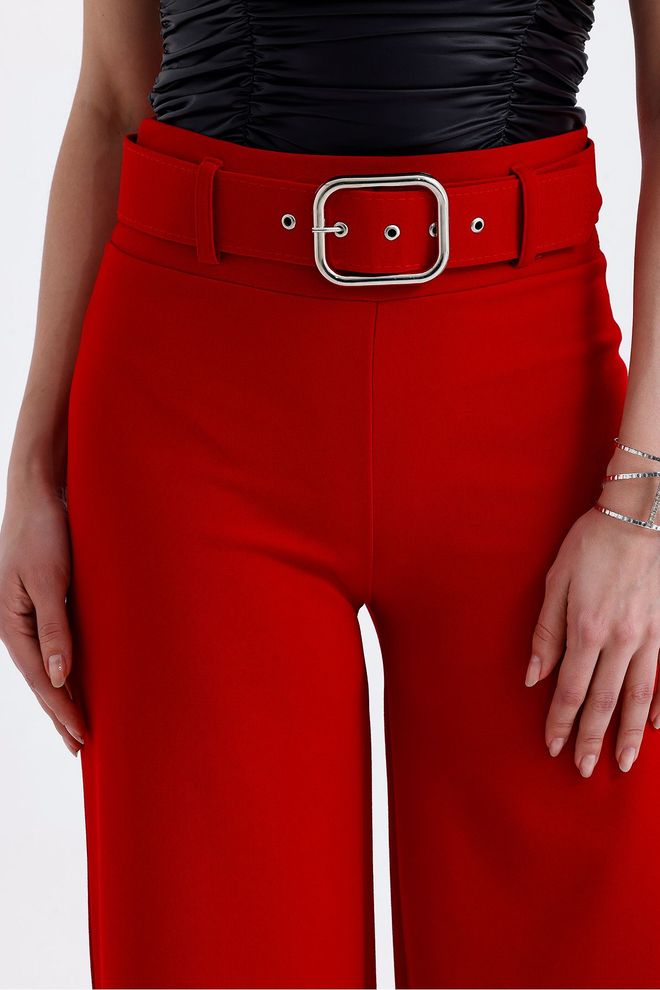 SENSE Yanları Kumaş Kaplama Kemerli İspanyol Paça Scuba Krep Pantolon Koyu Kırmızı Toptan Giyim Yaz