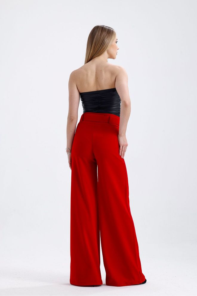 SENSE Yanları Kumaş Kaplama Kemerli İspanyol Paça Scuba Krep Pantolon Koyu Kırmızı Toptan Giyim 4