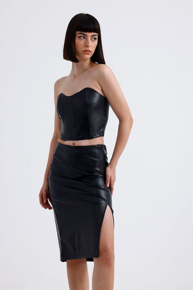 SENSE Sense Jupe Crayon Noire En Similicuir À Taille Élastique Vêtements en gros Élégant